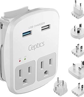 Ceptics Universal Travel Adapter Kit - 2 USB, USB-C Cord+2 US Outlets QC 3.0, Surge Protection, Plugs for Europe, UK, China, Australia, Japan - Perfect for Laptop, Cell Phones, Cameras,Safe ETL Tested