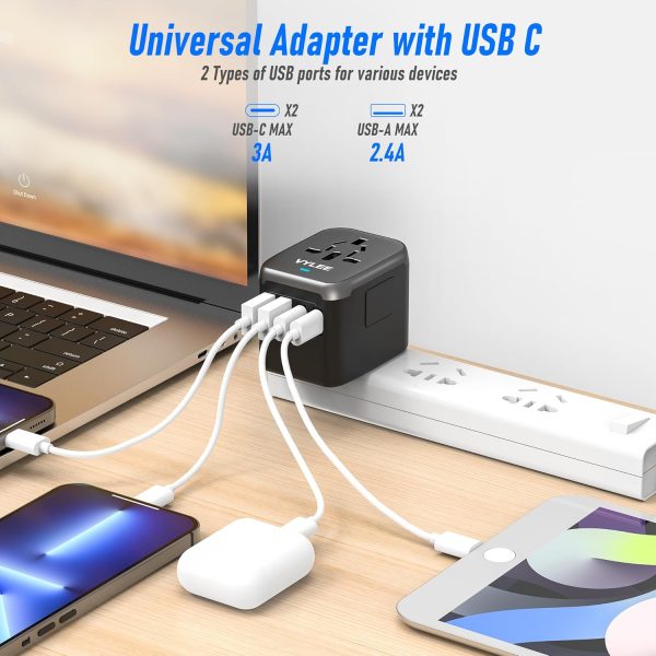 Universal International Power Travel Plug Adapter, 5 in 1 European Travel Plug Adapter W/ 3.5A 2xUSB-A and 2xUSB C Wall Charger and Worldwide AC Outlet for Europe USA UK AUS Asia (Black Grey) - Image 2