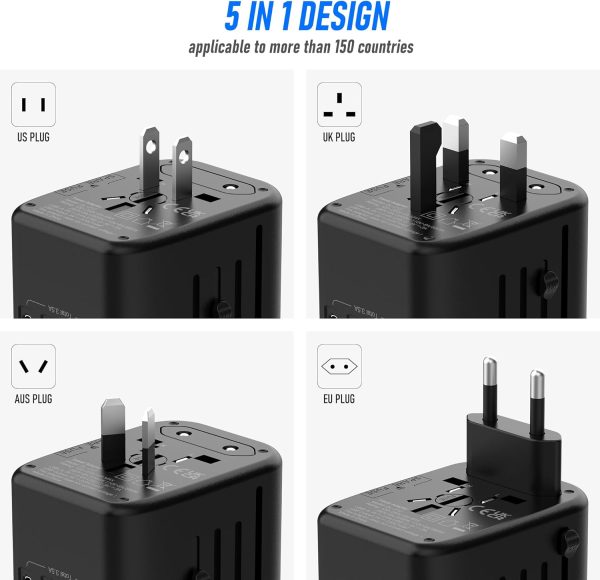 Universal International Power Travel Plug Adapter, 5 in 1 European Travel Plug Adapter W/ 3.5A 2xUSB-A and 2xUSB C Wall Charger and Worldwide AC Outlet for Europe USA UK AUS Asia (Black Grey) - Image 3