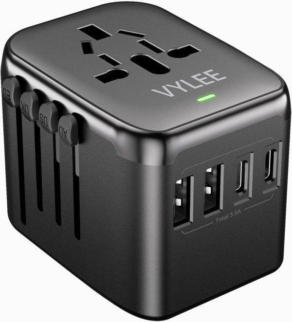 Universal International Power Travel Plug Adapter, 5 in 1 European Travel Plug Adapter W/ 3.5A 2xUSB-A and 2xUSB C Wall Charger and Worldwide AC Outlet for Europe USA UK AUS Asia (Black Grey) - Image 9